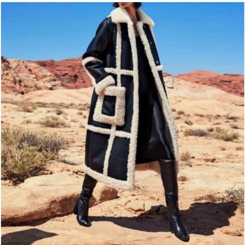 REBECCA MINKOFF Long Leather Suede Shearling Black Coat